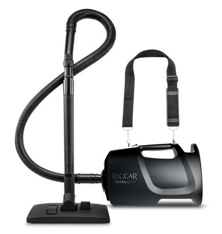 Riccar SupraQuik portable canister vacuum with shoulder strap and floor tool