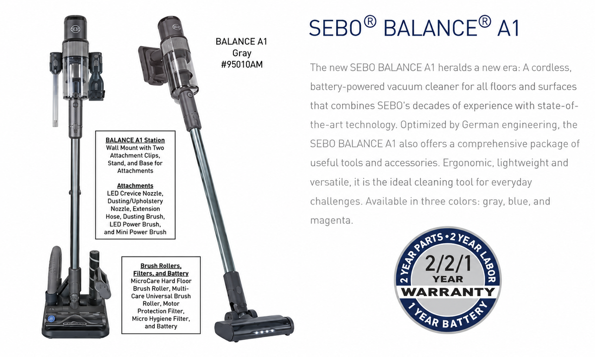 SEBO BALANCE A1 cordless vacuum with accessories and warranty